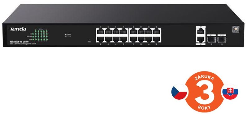 Tenda TEG2220P-16-250W Gigabit Websmart L2 Cloud PoE+ Switch 230W, 16x1Gb/s PoE+, 2xRJ45, 2xSFP,Rack