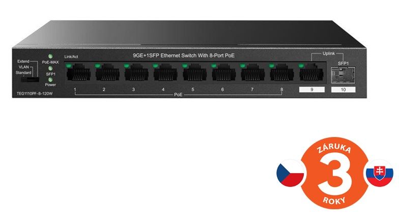 Tenda TEG1110PF-8-120W PoE+ AT switch 8xPoE 802.3af/at + Uplink RJ45 + SFP port, 110W, PoE+, fanless