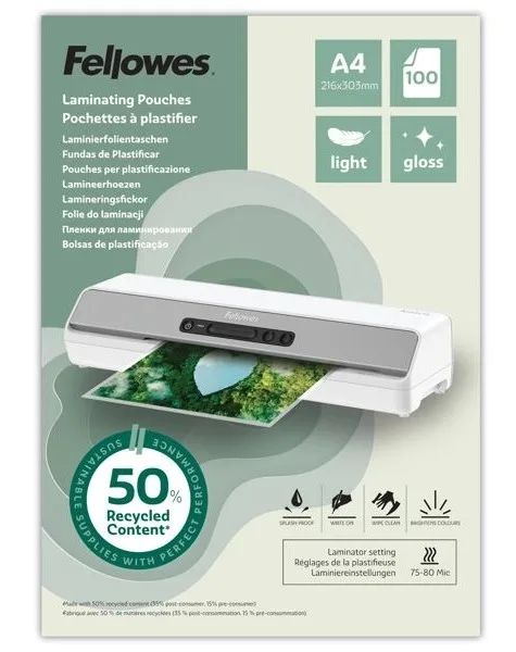 Laminovacia fólia Fellowes A5 80 mic z recyklovaného materiálu (50%), lesklé