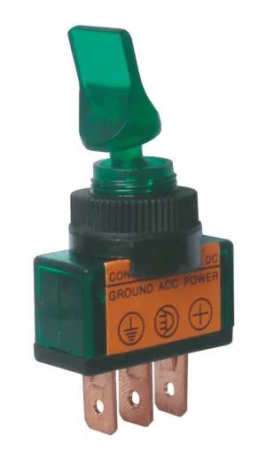 Přepínač páčkový 2pol./3pin ON-OFF 12 V DC prosv. zelený