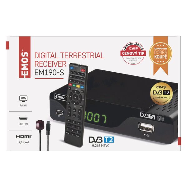 DVB-T2 přijímač em 190-s hd (hevc H265)