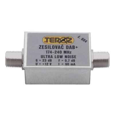 Anténní zesilovač TEROZ 604X, nízkosvumový, DAB, G23dB, F0,7dB, U>120dBµV, F-F