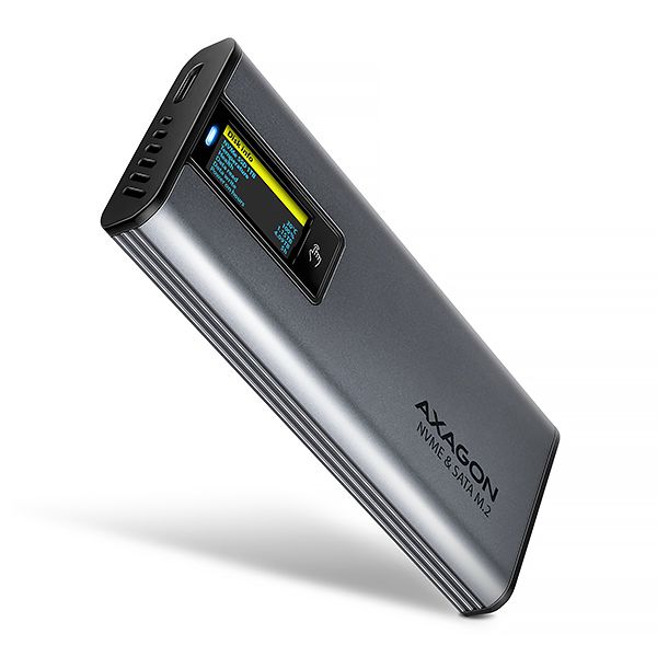 AXAGON EEM2-SD2, USB-C 10Gbps externí box s displejem pro M.2 NVMe/SATA SSD, bezšroubkový, stříbrný