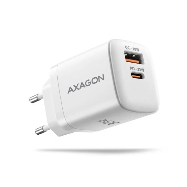 AXAGON ACU-PQ33W, GaN nabíjačka do siete 33W, USB-A+USB-C, PD3.0/PPS/QC4+/SFC2.0/Apple, biela