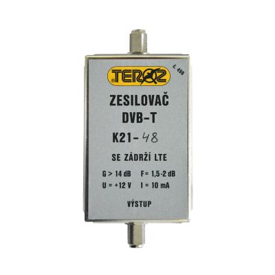 Anténní zesilovač TEROZ 496X, UHF K21 až 48, filtr 5G, LTE, GSM, G14dB, F2dB, U95dBµV, F-F