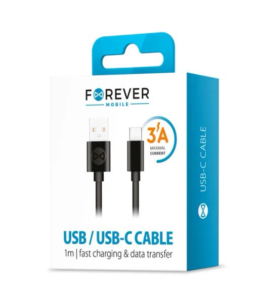 Datový kabel Forever USB – USB-C, 1 m, 3 A, černý