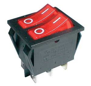 Přepínač kolébkový 2x(2pol./3pin) ON-OFF 250V/15A prosv. červený