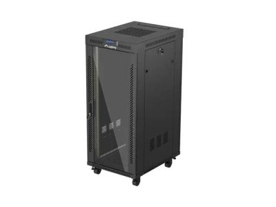 19" Volně stojící racková skříň 27u/600x800 (flat pack) s prosklenými dveřmi lcd černá lanberg V2