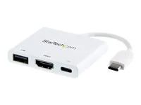 Startech USB-C to HDMI Adapter - White - 4K 30Hz - Thunderbolt 3 Compatible - with Power Delivery (USB PD) - USB C Dongle (CDP2HDUACPW) - Video adaptér - USB-C s piny (male) do HDMI, USB typ A, USB-C se zdírkami (female) - 60 mm - bílá - podporuje 4K, USB Power Delivery (60W)