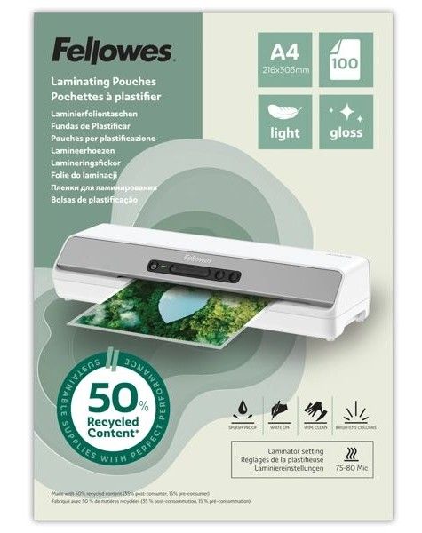 Laminovacia fólia Fellowes A3 80 mic z recyklovaného materiálu (50%), lesklé