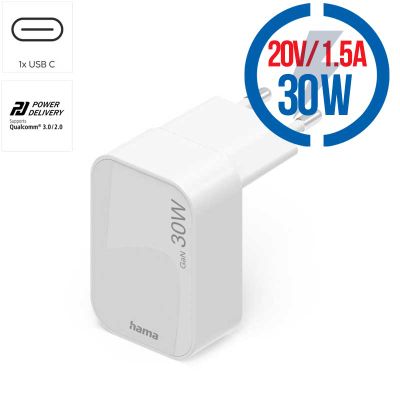 HAMA GaN, rychlonabíječka, 1x USB-C PD/QC, 30W, bílá