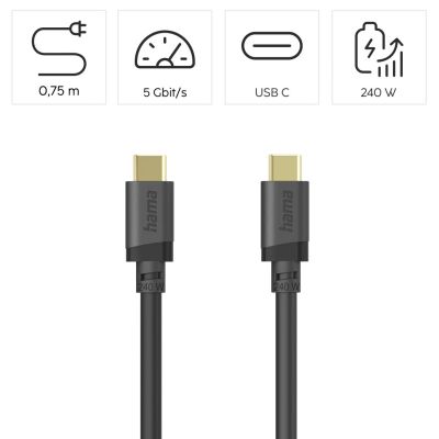 HAMA Essential Line, Kábel USB-C/USB-C, 240W, 0.75