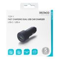 DELTACO USBC-CAR122, Autonabíječka 1x USB-C/USB-A