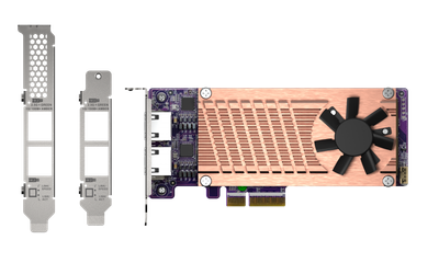 QNAP QM2 series, 2 x PCIe 2280 M.2 SSD slots, PCIe Gen3 x 4 , 2 x  Intel I225LM 2.5GbE NBASE-T port